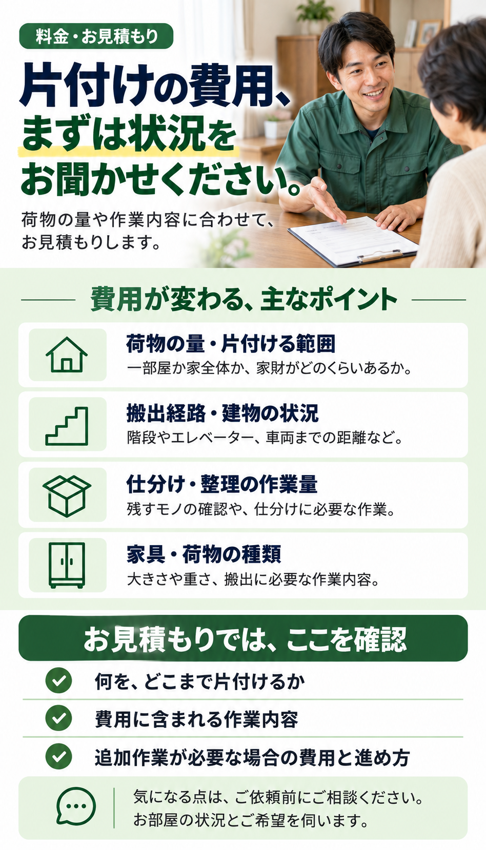 費用が変わる4つの条件と、見積もりで確認する作業内容・費用のご案内